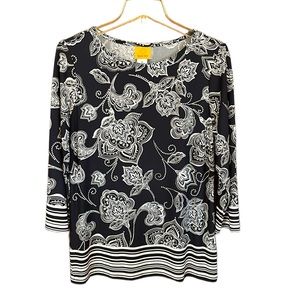 Ruby Rd. Women’s navy and white floral 3/4 sleeve top raised white dot Size M